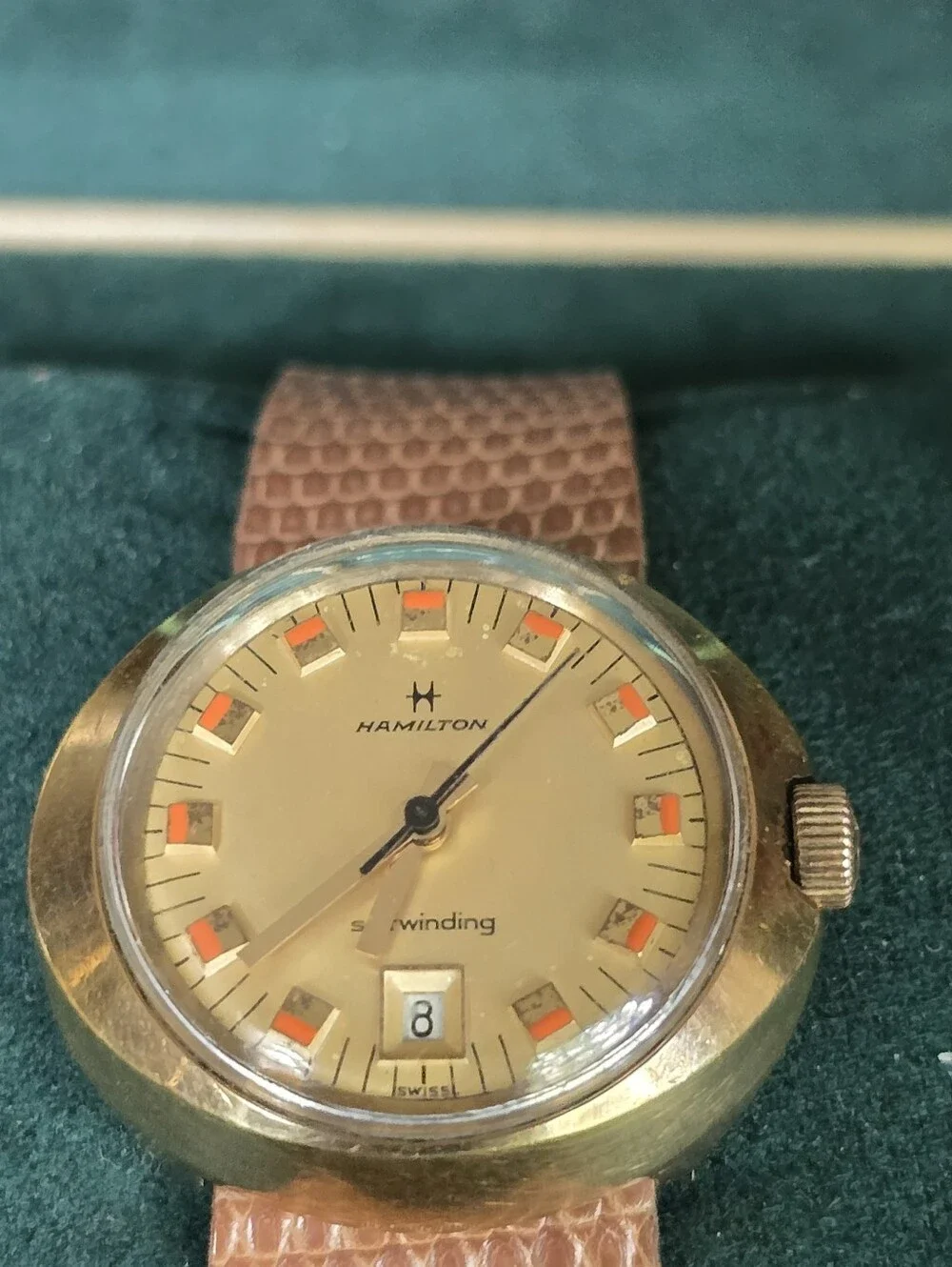 Hamilton Gold-Tone Watch with Cream Dial and Brown Strap